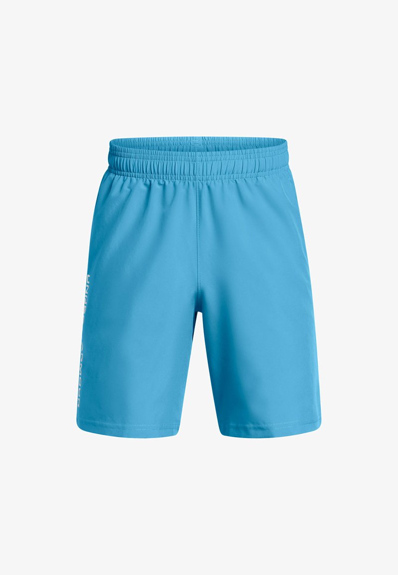 Lichtblauwe sportieve shorts met een elastische tailleband, voorzien van de tekst "Under Armour" in het wit aan de linkerzijde. Glad, sneldrogend materiaal.