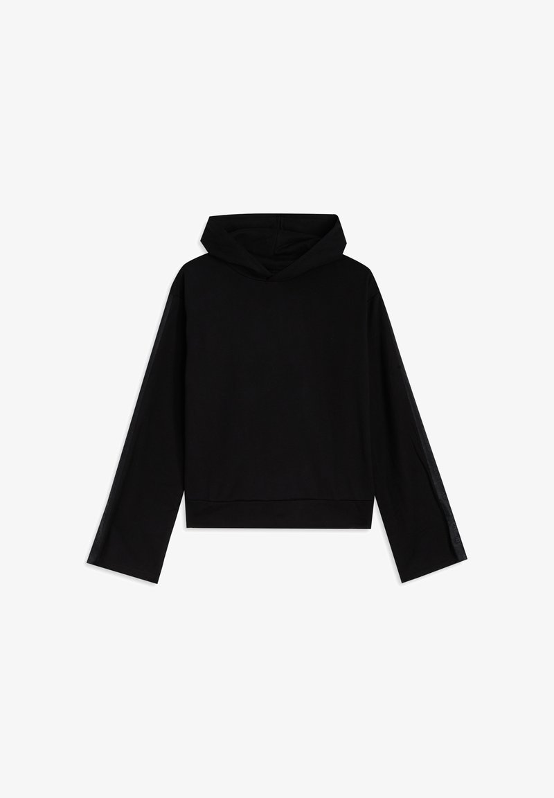 Sudadera negra corta con capucha ajustable, mangas largas y dobladillo recto. Tejido suave con aberturas laterales para más detalle.