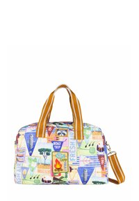 Multikleuren stoffen tas met grafische prints, waaronder bomen, vissen en kampeerthema's. Voorzien van een dubbele handgreep en een verstelbare gestreepte schouderriem.
