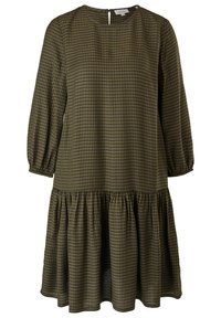 Robe ample longueur genou à manches longues, motif à petits carreaux olive et noir, couture froncée à la jupe, et fermeture au dos avec ouverture en forme de goutte.