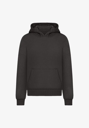 Black hoodie with a front pocket, drawstring hood, ribbed cuffs, and hem. Made from soft fabric with a smooth texture.