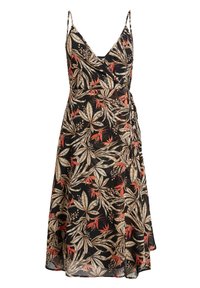 Robe portefeuille noire avec un motif floral aux tons verts et rouges, dotée de fines bretelles ajustables et d'une silhouette fluide.