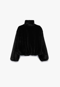 Suéter corto negro de suave piel sintética, con un cuello alto y mangas largas voluminosas con un dobladillo fruncido.