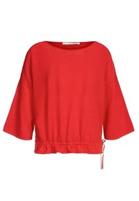 Roter bauchfreier Pullover mit strukturiertem Waffelstrickdesign, weiten Ärmeln und einem Kordelzugbund für eine verstellbare Passform.