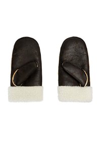 Manoplas de cuero en marrón oscuro con un puño de forro polar blanco. Presentan un agujero para el pulgar y una textura lisa en el exterior.
