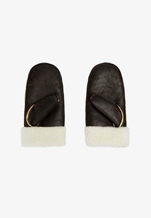 Manoplas de cuero en marrón oscuro con un puño de forro polar blanco. Presentan un agujero para el pulgar y una textura lisa en el exterior.