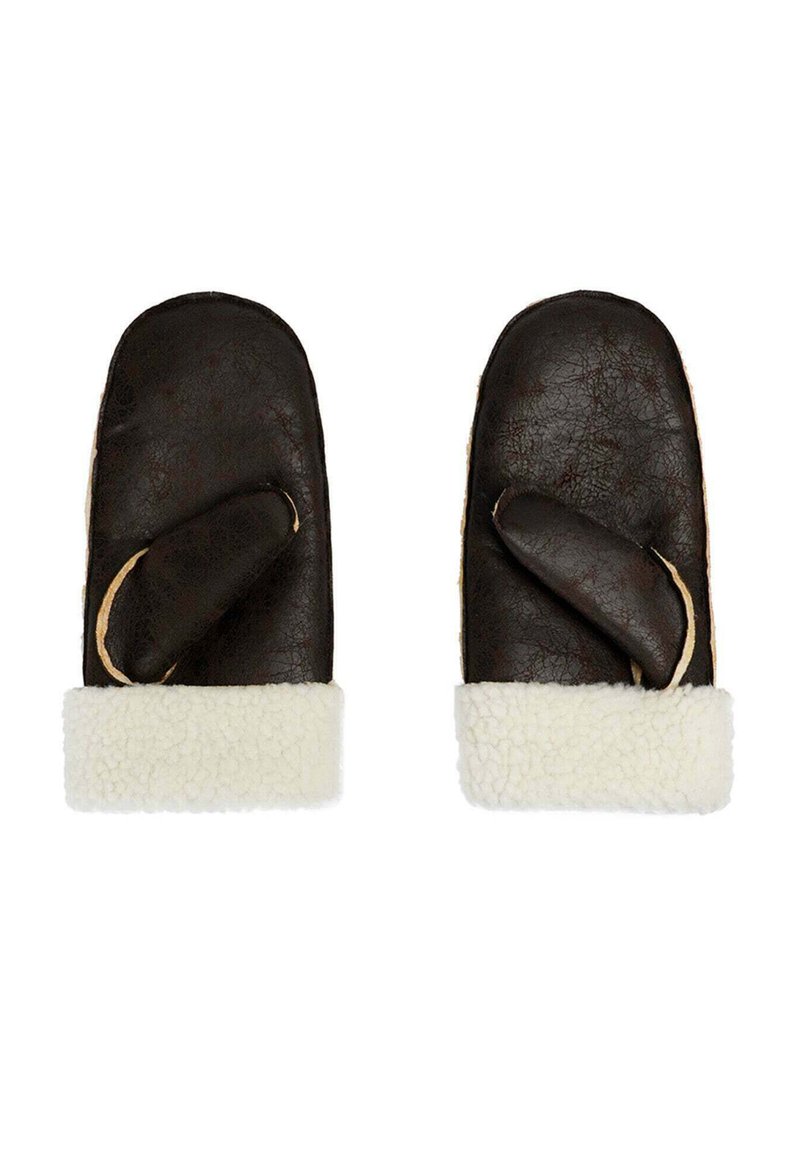 Manoplas de cuero en marrón oscuro con un puño de forro polar blanco. Presentan un agujero para el pulgar y una textura lisa en el exterior.