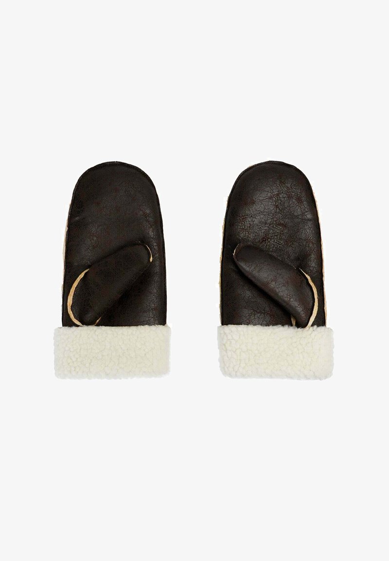 Manoplas de cuero en marrón oscuro con un puño de forro polar blanco. Presentan un agujero para el pulgar y una textura lisa en el exterior.
