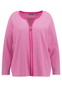 Lyserød og hvid stribet zip-up cardigan med rund halsudskæring og lange ærmer. Fremstillet af blødt materiale med en glat tekstur.