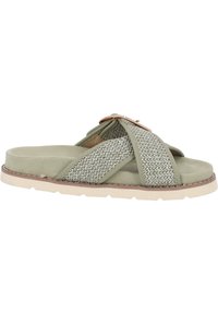 Infradito verde chiaro con fasce in tessuto intrecciato, suola modellata e accenti beige. Presenta un design a bande incrociate e una superficie testurizzata.