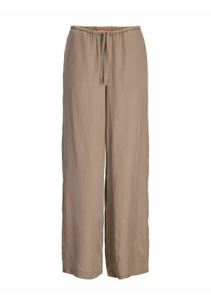 Pantalon beige ample avec taille élastique et cordon de serrage, jambes larges, en tissu léger.