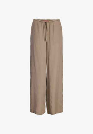 Løse beige bukser med elastisk midjebånd og snor, vide ben, laget av lett stoff.