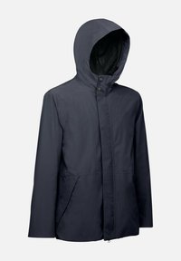 Veste imperméable navy avec capuche, fermeture éclair à l'avant et boutons-pression; comprend deux poches latérales et une texture lisse et mate.