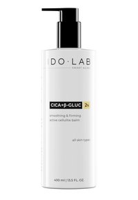 Weißer Kunststoff-Pumpflasche mit der Aufschrift "IDO LAB SMART AGING CICA+β-GLUC 2% glättender & straffender aktiver Cellulite-Balsam", 400 ml Größe. Schwarzer Pumpenkopf.