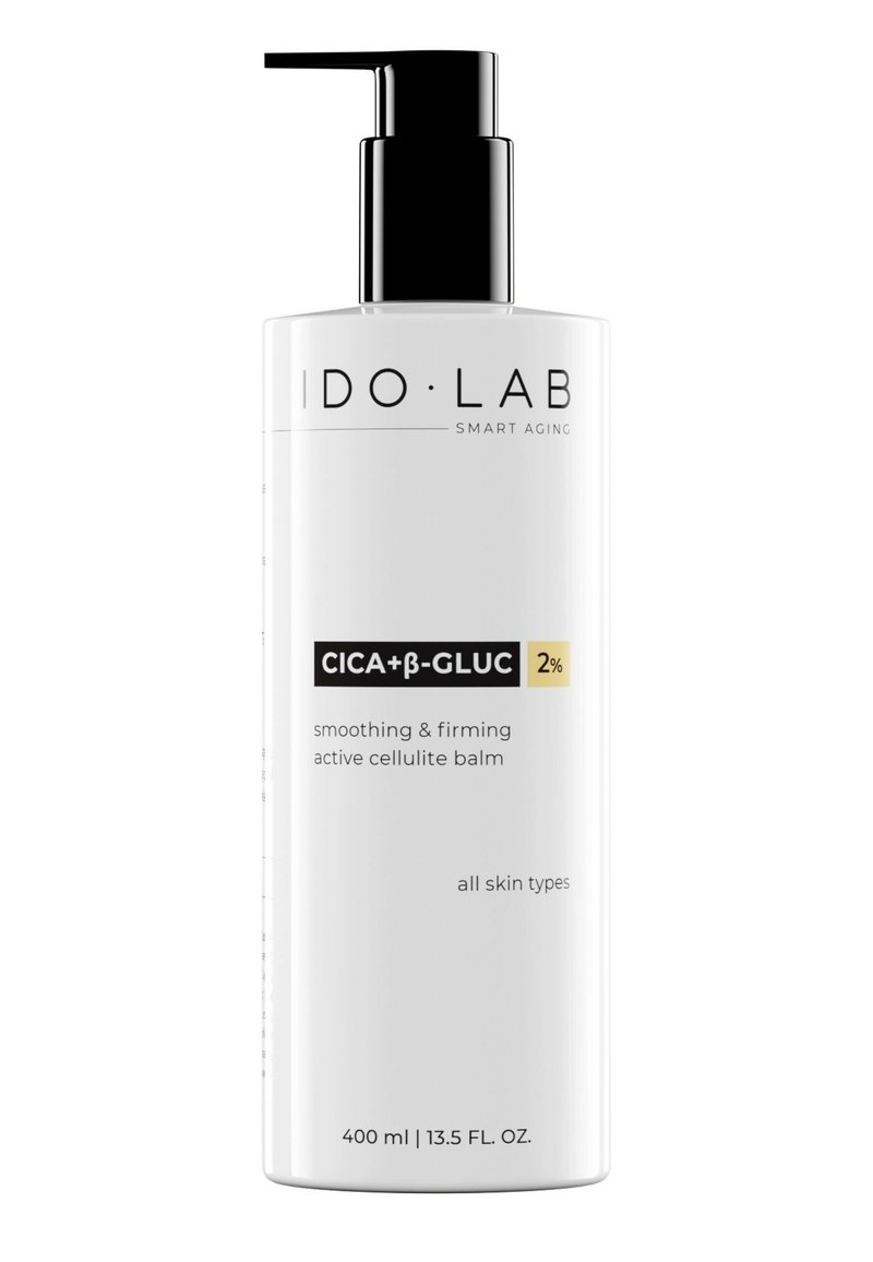 Weißer Kunststoff-Pumpflasche mit der Aufschrift "IDO LAB SMART AGING CICA+β-GLUC 2% glättender & straffender aktiver Cellulite-Balsam", 400 ml Größe. Schwarzer Pumpenkopf.