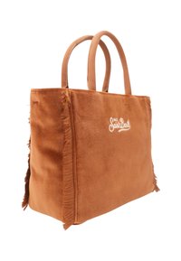 Sac fourre-tout en velours marron avec des bords effilochés, deux poignées en cuir et le logo "Saint Barth" brodé en blanc sur le devant. Forme rectangulaire.