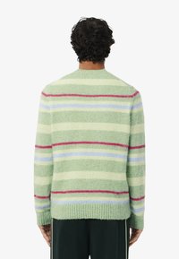 Maglione a maglia di colore verde chiaro, con strisce orizzontali rosa, blu e verde scuro. Orlo e polsini a costine. Texture morbida.