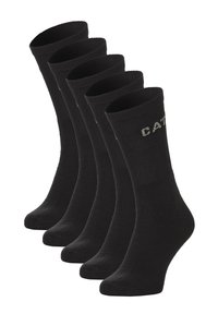 Schwarze Baumwollsocken, angeordnet in fünf Paaren, mit geripptem Design und verstärkten Bündchen, auf denen "CATER" in Grau seitlich gedruckt ist.