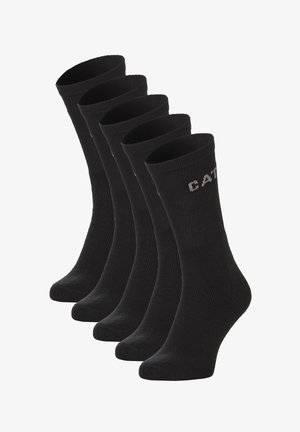 Schwarze Baumwollsocken, angeordnet in fünf Paaren, mit geripptem Design und verstärkten Bündchen, auf denen "CATER" in Grau seitlich gedruckt ist.