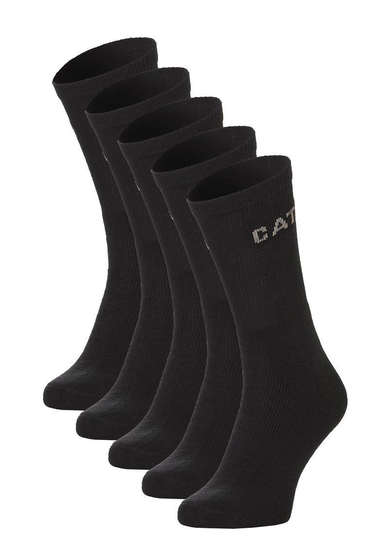 Schwarze Baumwollsocken, angeordnet in fünf Paaren, mit geripptem Design und verstärkten Bündchen, auf denen "CATER" in Grau seitlich gedruckt ist.