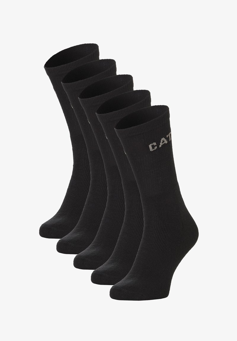 Schwarze Baumwollsocken, angeordnet in fünf Paaren, mit geripptem Design und verstärkten Bündchen, auf denen "CATER" in Grau seitlich gedruckt ist.