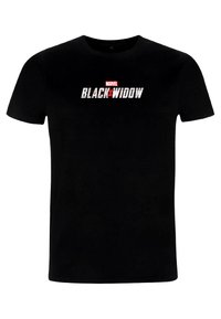 Sort bomulds t-shirt med frontgrafik i hvid og rød tekst, der står "MARVEL BLACK WIDOW". Rund halsudskæring, korte ærmer.