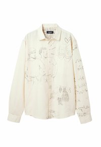 Camicia a maniche lunghe di un leggero beige, realizzata in tessuto con disegni a linee astratte e testo scritto a mano in grigio, con maniche abbottonate e colletto.
