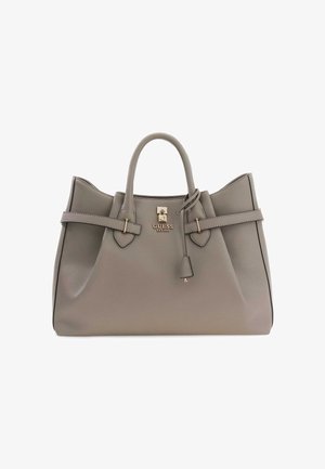 Graue Handtasche aus Kunstleder mit zwei oberen Griffen, ausgestattet mit goldfarbenen Beschlägen, einer Logoplakette und einem abnehmbaren Anhänger. Entworfen mit einer strukturierten Silhouette.