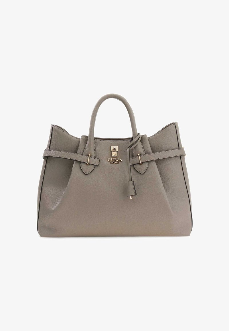 Szara torebka z ekologicznej skóry z podwójnymi górnymi uchwytami, wyposażona w złote elementy, tabliczkę z logo oraz zdejmowaną metkę. Zaprojektowana ze smukłą, uporządkowaną sylwetką.