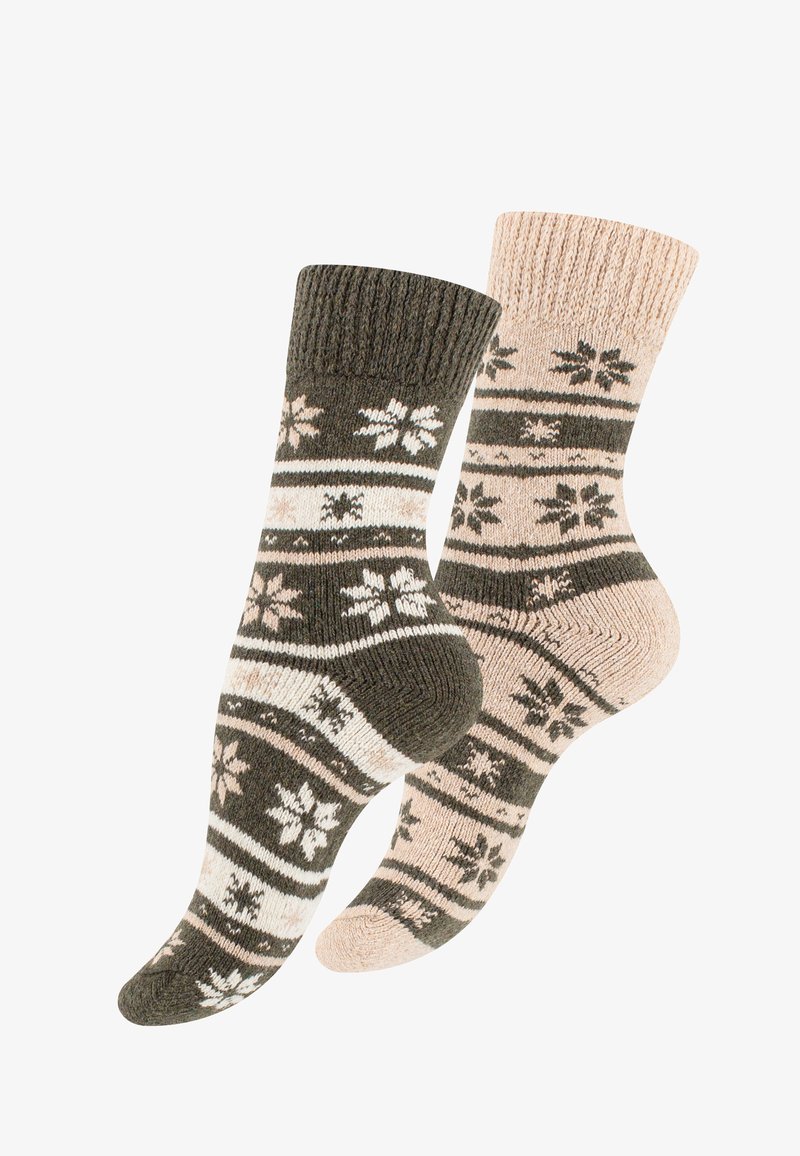 Calze lavorate a maglia in verde oliva e beige con un motivo a fiocco di neve. Polsini a costine e una consistenza morbida, adatte per l'inverno.
