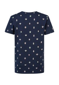 Camiseta de algodón de color navy con mangas cortas, que presenta un patrón repetido de coloridas máscaras y motivos de estrellas en toda la tela.