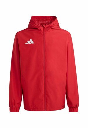 Red lightweight hooded jacket with front zipper, elastic cuffs, and white Adidas logo on the left chest.
