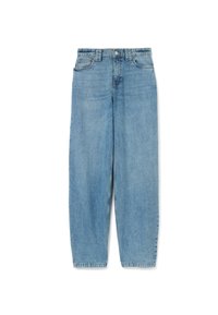 Jeans in denim azzurro chiaro con design a gamba dritta, caratterizzati da una vita classica con chiusura a bottone e una leggera scoloritura su tutta la superficie.