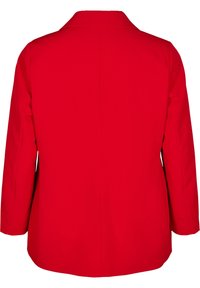 Roter Mantel mit einer strukturierten Silhouette, ausgestattet mit einem Reverskragen, langen Ärmeln und einer glatten Textur. Einfaches Design, keine sichtbaren Beschläge.