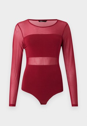 Pikkade varrukatega burgundi värvi kehakate läbipaistvate võrkdetailidega üla-rinna, talje ja varrukate piirkonnas, ümmarguse kaelusega ja keha järgiva lõikega.