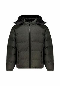 Gevoerde zwarte en donkergrijze winterjas met capuchon, voorzien van een voorsluiting met rits en zijzakken, textuurrijk stof en een losse pasvorm.