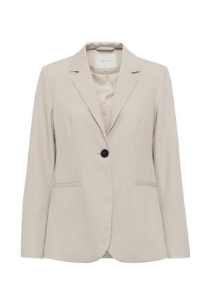 Beige skræddersyet blazer med klapkrave, enkelt sort knaplukning, to forlommer og en struktureret stofoverflade.