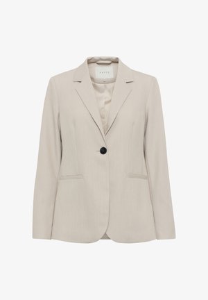 Blazer beige ajustado con solapa de muesca, cierre de un solo botón negro, dos bolsillos frontales y un acabado de tela texturizada.