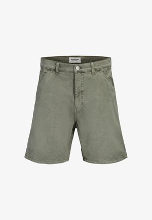 Pantaloncini casual verde oliva con tasche frontali, passanti per cintura, chiusura con bottone e etichetta Jack & Jones all'interno della vita.