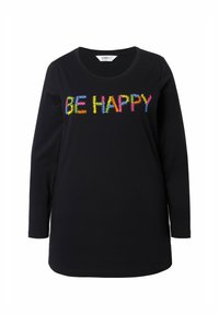 T-shirt a maniche lunghe nera con testo ricamato colorato "BE HAPPY" e motivi a zigzag. Tessuto morbido e vestibilità rilassata.