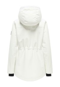 Giacca bianca con cappuccio e maniche lunghe, vita regolabile e polsini interni neri, mostrata da dietro su sfondo bianco.