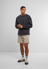 Dunkelgrauer Sweatshirt mit Rundhalsausschnitt und lockerer Passform, kombiniert mit beigen Shorts. Akzentuiert durch schwarze und weiße gestreifte Socken und Sneakers.