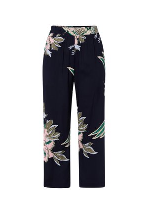 Marineblaue, weit geschnittene Hose mit elastischem Bund, mit großem Blumenmuster in pinken, grünen und beigen Tönen.