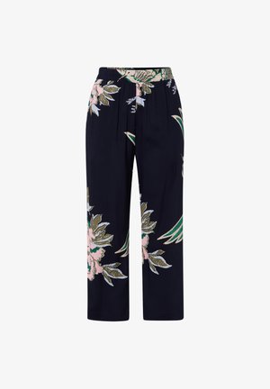 Marineblaue, weit geschnittene Hose mit elastischem Bund, mit großem Blumenmuster in pinken, grünen und beigen Tönen.