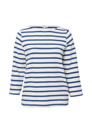 Biała koszula z długim rękawem z szerokimi niebieskimi poziomymi paskami i okrągłym dekoltem, o casualowym, luźnym kroju.