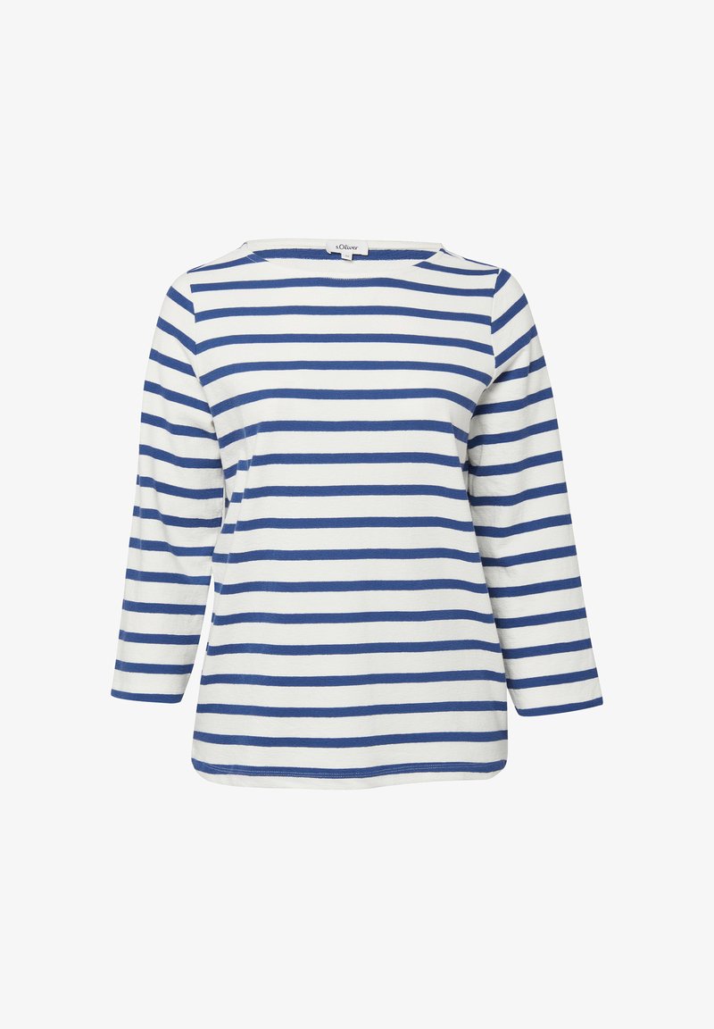 Weißes langärmeliges Hemd mit breiten blauen horizontalen Streifen und rundem Ausschnitt, das eine legere, lockere Passform zeigt.