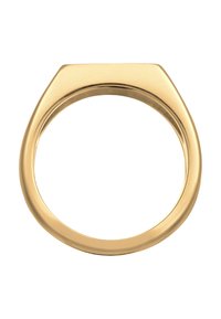 Guldring med en rund band och en kvadratisk, platt topp. Slät, glänsande yta, inga ytterligare mönster eller utsmyckningar.