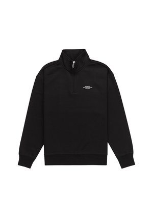 Black pullover sweatshirt made of soft fabric, featuring a high collar, half-zip closure, and a small white logo on the front.