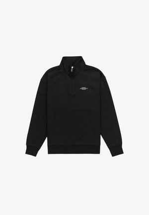 Black pullover sweatshirt made of soft fabric, featuring a high collar, half-zip closure, and a small white logo on the front.