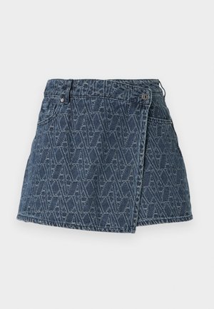 Denim mini-rok in een donkere blauwe kleur, met een geometrisch patroon, knoopsluiting en zijzak. Ontworpen in een wikkellook.